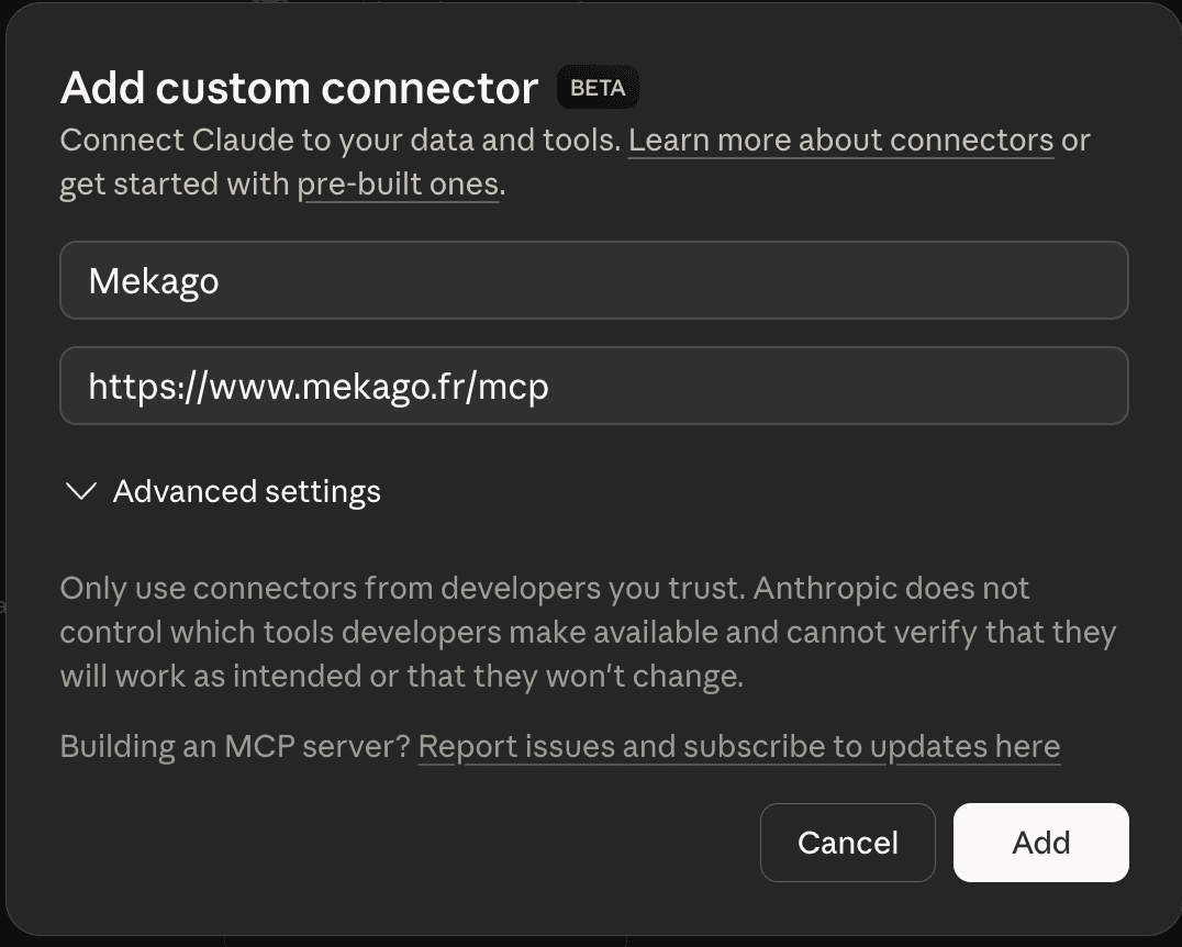 Entrez l'URL du serveur MCP : https://www.mekago.fr/mcp