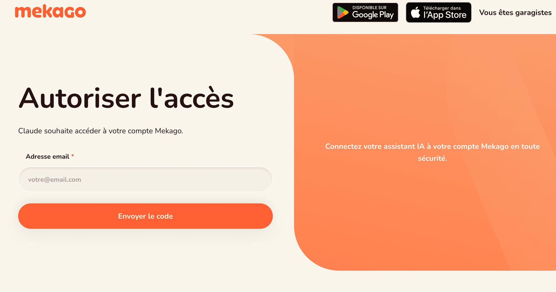 Connectez-vous avec votre compte garagiste Mekago pour autoriser l'accès.
